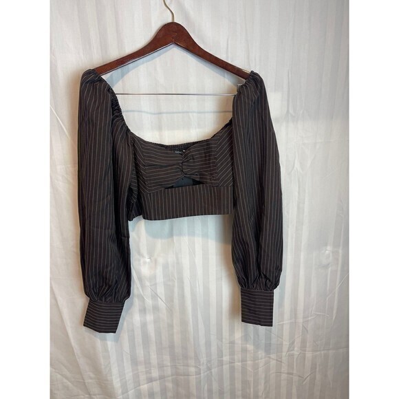 Chic Pinstripe Balloon Sleeve Smocked Back Brown Top Size Large RefM004 - Picture 7 of 11